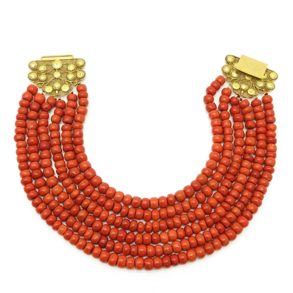 A 19th Century 6 Strand Red Coral Necklace  14KG Clasp